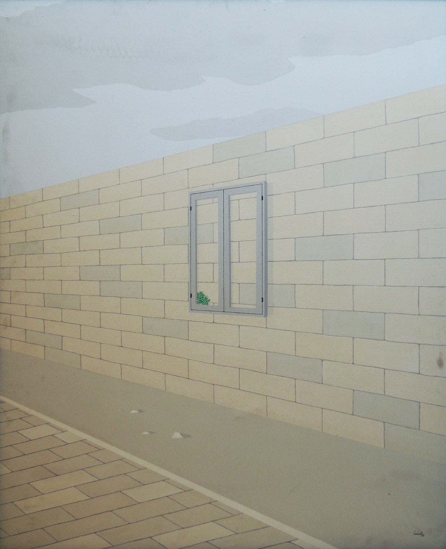 Francesc Calvet - Una finestra qualsevol, pintura surrealista minimalista con muro de piedra, ventana abierta y brote verde, obra original