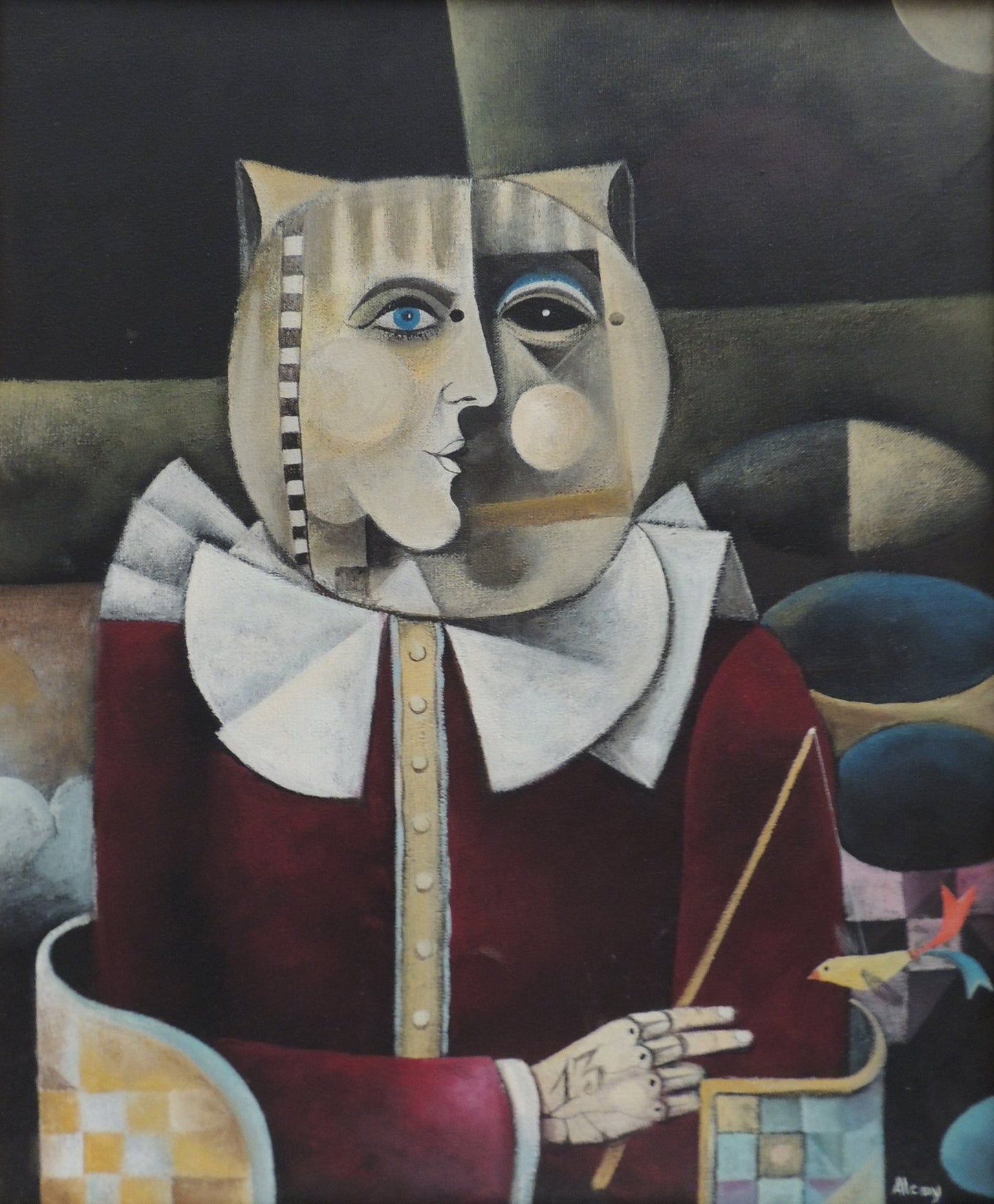 Eduard Alcoy, Personatge desplaent: retrato surrealista de figura geométrica con rostro fragmentado, collar isabelino y atmósfera nocturna fondo oscuro