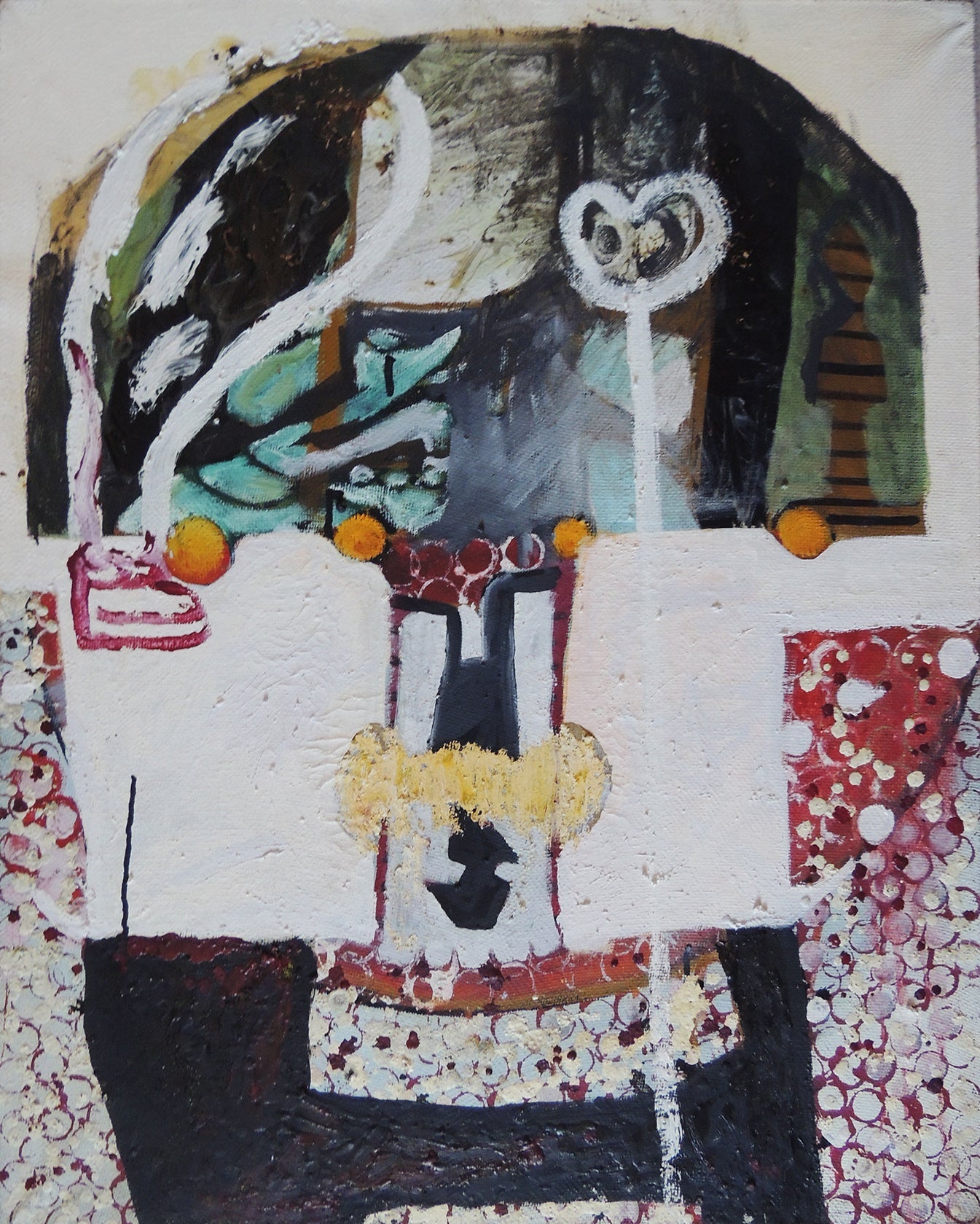 Elena Gastón, Amanita muscaria. Pintura abstracta contemporánea con formas simbólicas, elementos orgánicos y composición en tonos blancos, negros, verdes y rojizos.