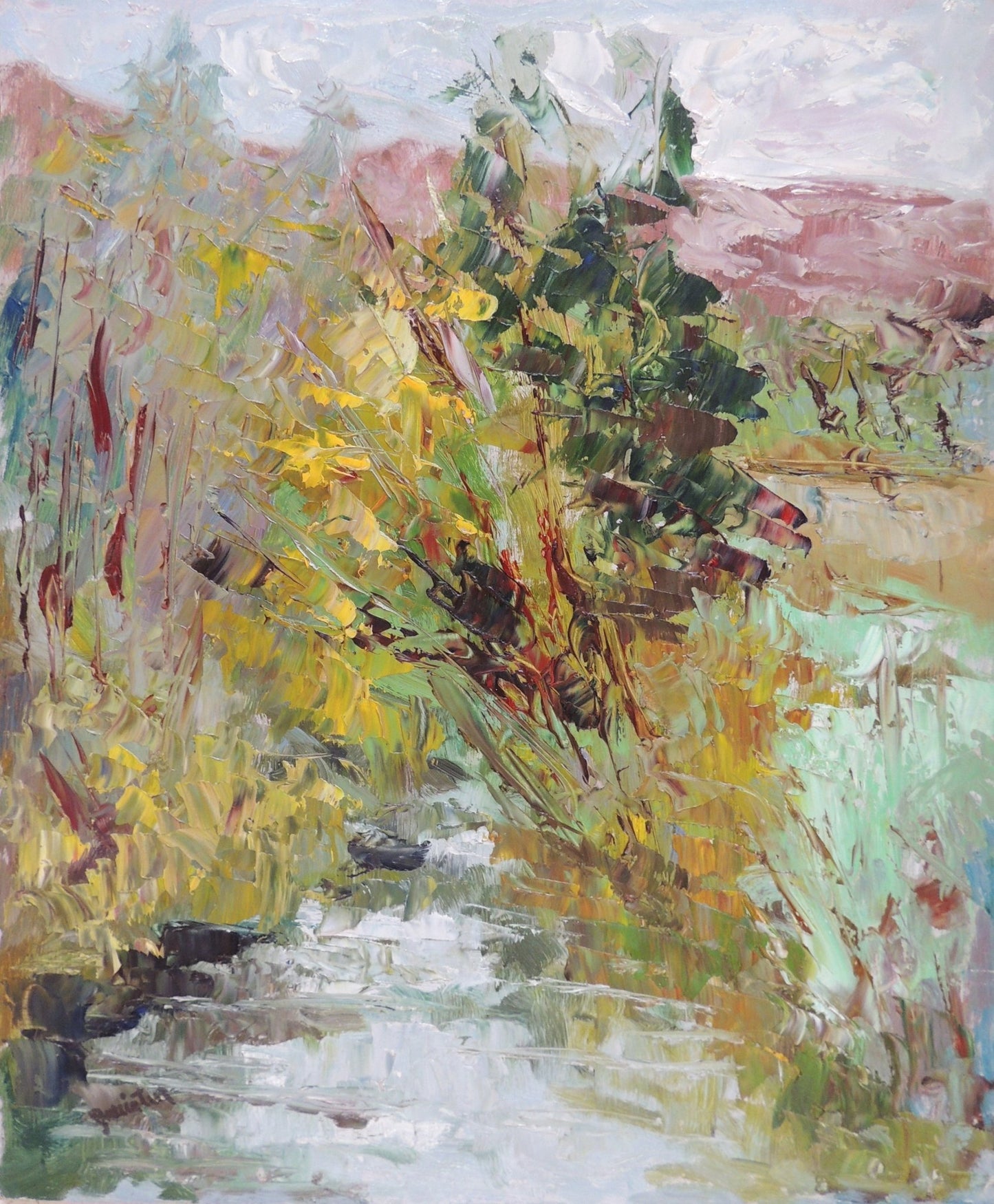 Acequia de Emiliano Garcia Tur, pintura de paisaje contemporáneo con vegetación y agua, realizada con pinceladas expresivas y textura matérica.