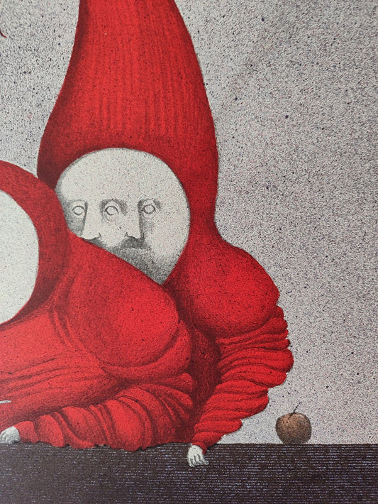 Fernando Pereznieto El acoso grabado surrealista detalle figuras rojas simbolismo arte contemporáneo mexicano