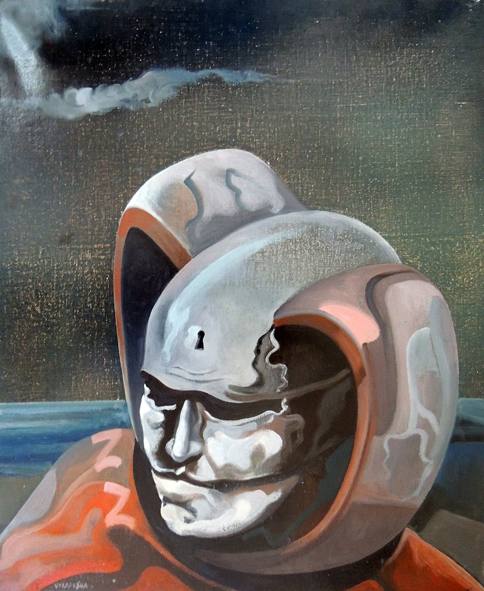 Francesc Vilaplana - Stra Devil, pintura surrealista con figura enmascarada y atmósfera metafísica de tonos oscuros y simbólicos.