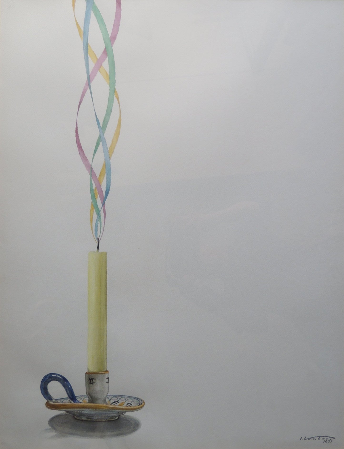 Isidro Ventura, Porta bugia i fum serpenti, acuarela minimalista con candelero, vela y espirales de humo de colores sobre fondo blanco.