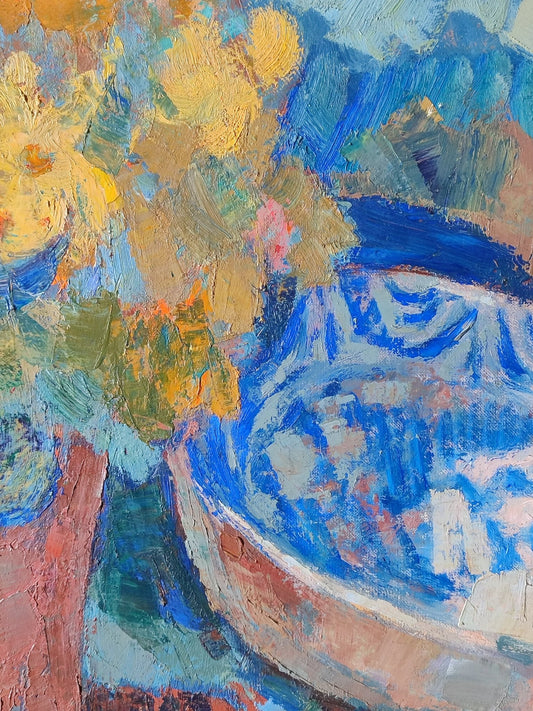 Joan Mas bodegón con flores óleo obra original pintura floral contemporánea, detalle pincelada