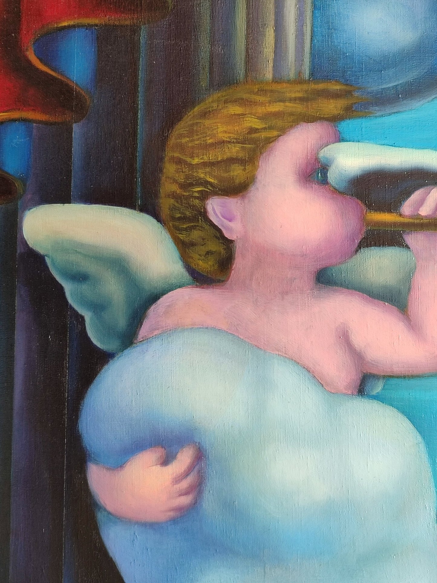 José Canes Solé, El Mensajero, figura angelical de inspiración surrealista representada como mensajero celestial en una composición poética y simbólica detalle