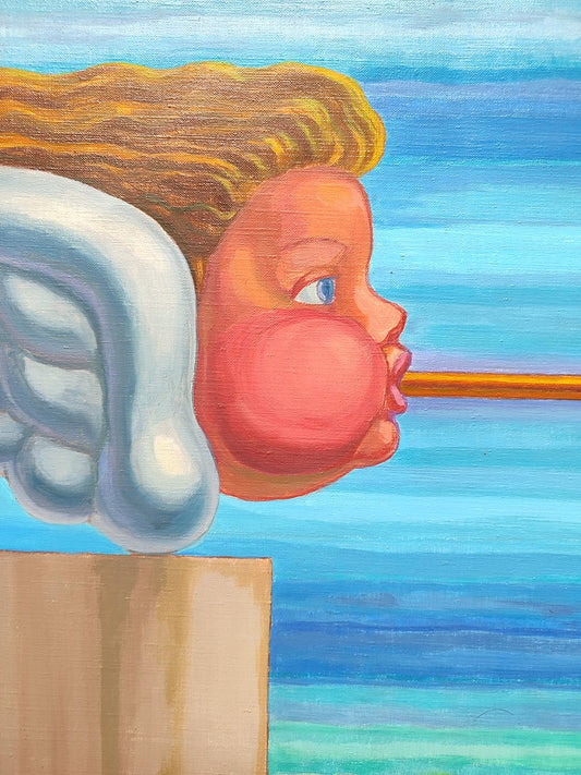 José Canes Solé, Nubol, putto o pequeño ángel soplando una nube sobre fondo claro, obra de inspiración clásica y atmósfera poética arte naíf detalle rostro