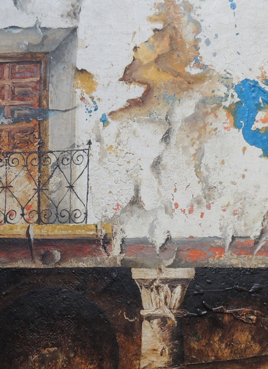 Obra constructivista “El balcón” de José Lapayese del Río, pintura geométrica del paisaje rural español con composición estructural, detalle cuadro