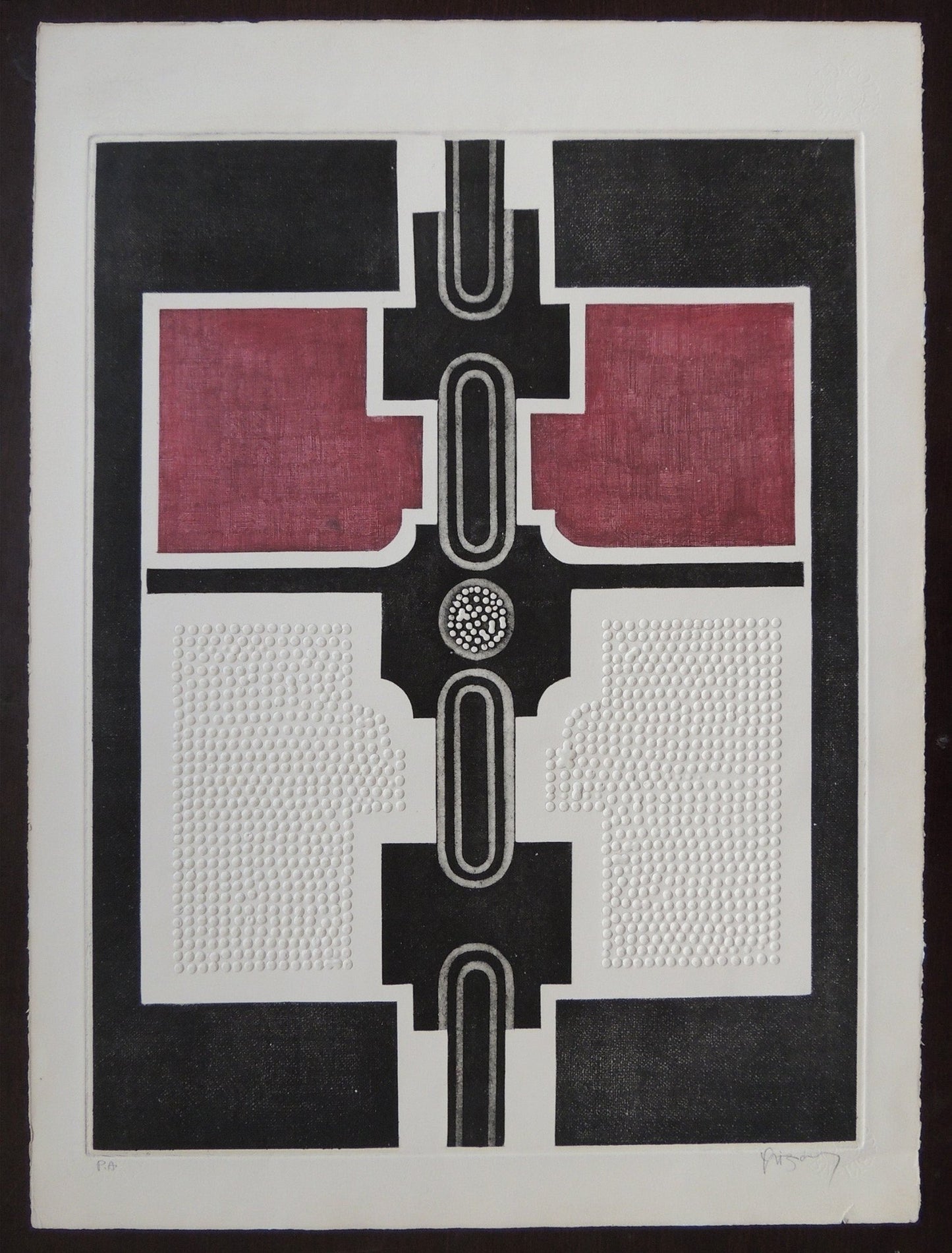 Marcos Irizarry, Ocre y Blanco II, grabado abstracto geométrico P.A. con relieve en blanco, negro y ocre, arte puertorriqueño contemporáneo.
