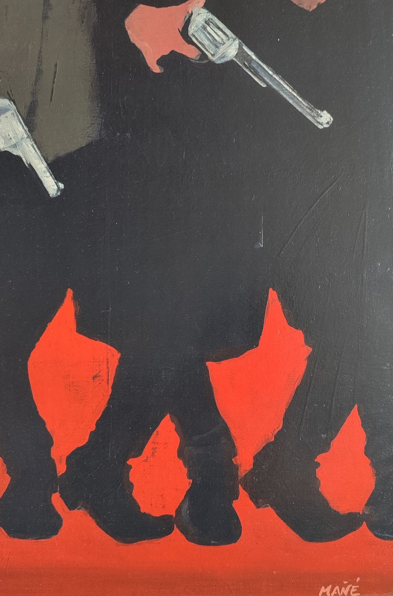 Pablo Mañé - Los pandilleros, pintura expresionista con cuatro hombres armados sobre fondo rojo intenso, composición de fuerte carga social y psicológica firma