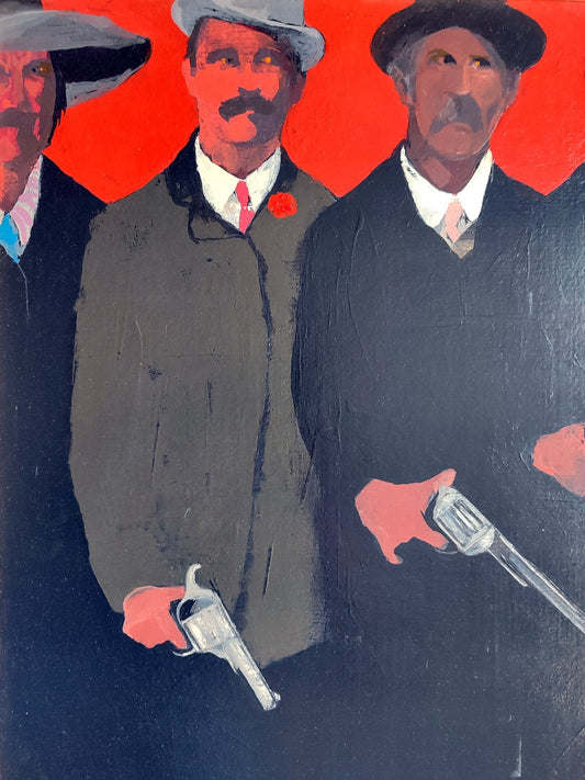 Pablo Mañé - Los pandilleros, pintura expresionista con cuatro hombres armados sobre fondo rojo intenso, composición de fuerte carga social y psicológica detalle rostros