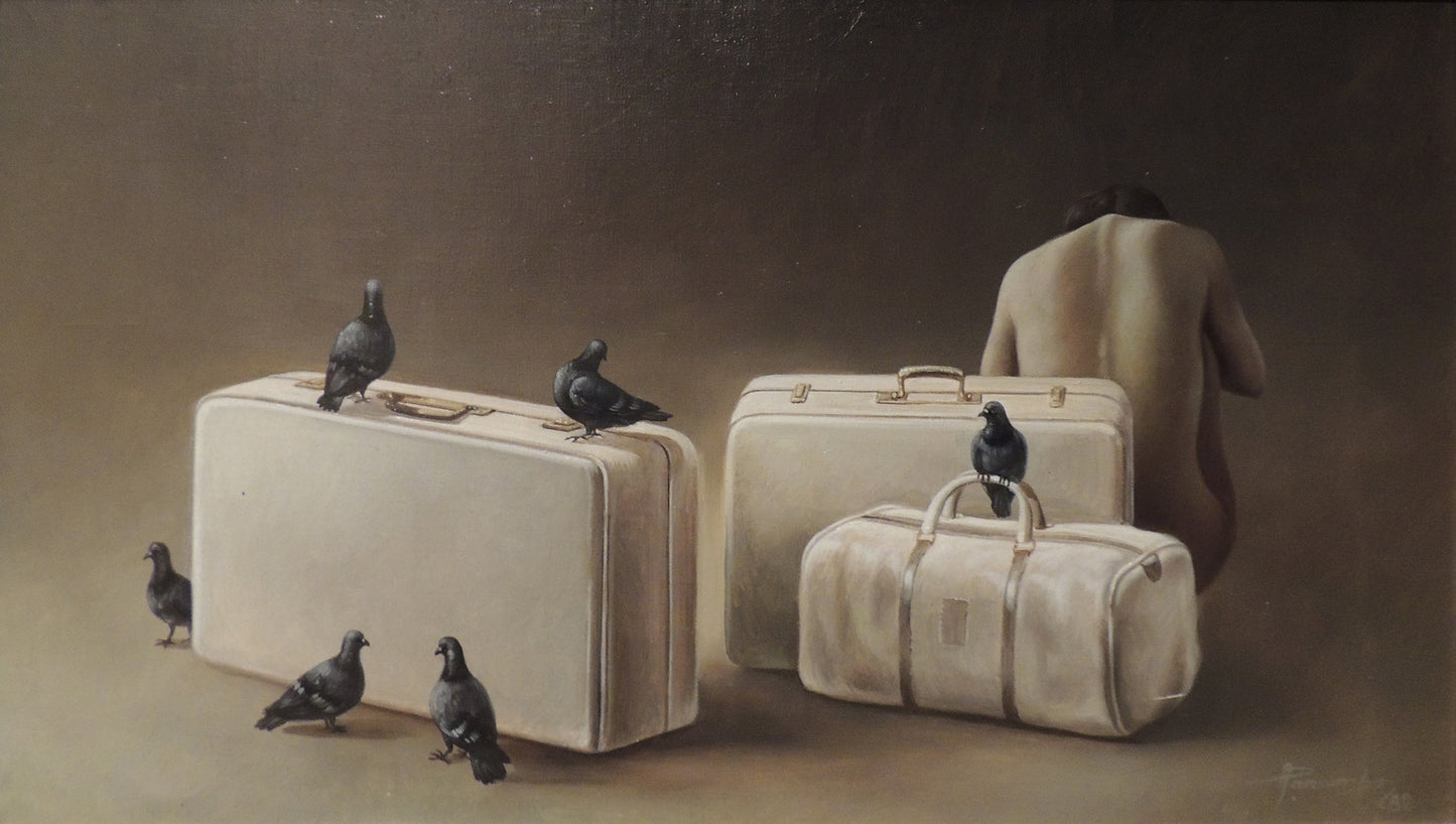 Cuadro surrealista Alberto Pancorbo Maletas y pájaros Gaudifond