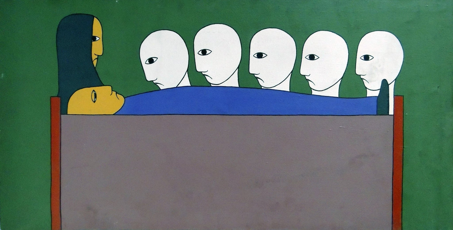 Antonio Maia - Velorio, pintura surrealista con figuras humanas alrededor de un funeral en composición simbólica contemporánea