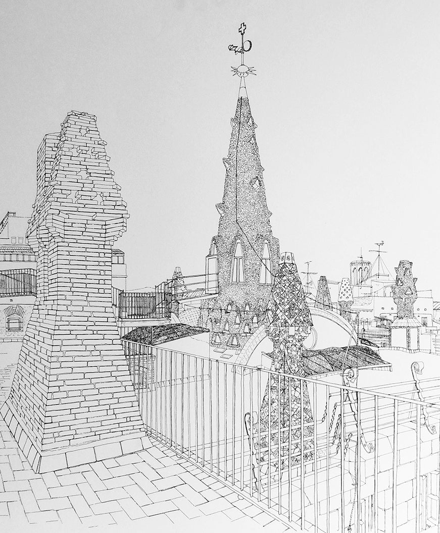 Aurora Altisent Tejados La Pedrera litografía de arquitectura modernista de Barcelona detalle dibujo