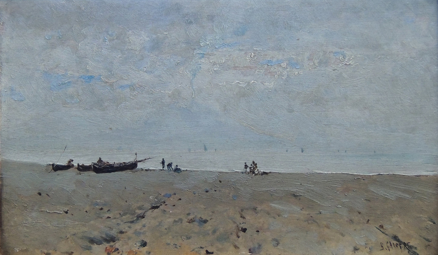 Marina de Baldomero Galofre, pintura costumbrista del siglo XIX con paisaje marítimo luminoso y atmósfera mediterránea.