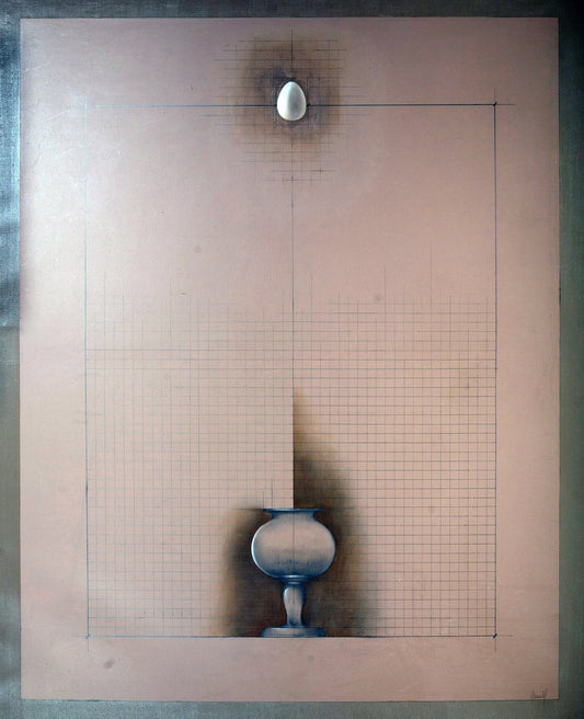 Pintura contemporánea de Carles Planell, Espai pla, espai buit, con objetos cotidianos, composición minimalista que evoca memoria, tiempo y diálogo entre pasado y presente, detalle