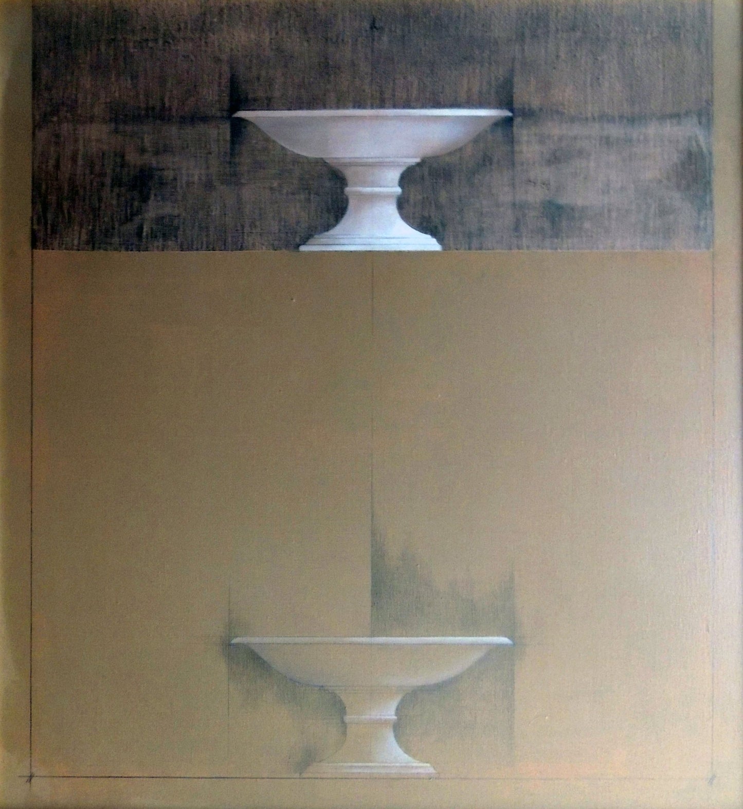Pintura contemporánea de Carles Planell con platos, composición minimalista que evoca memoria, tiempo y diálogo entre pasado y presente, creación.