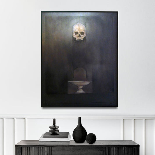 Pintura contemporánea de Carles Planell con un cráneo y plato, composición minimalista que evoca memoria, tiempo y diálogo entre pasado y presente, decoración de interior