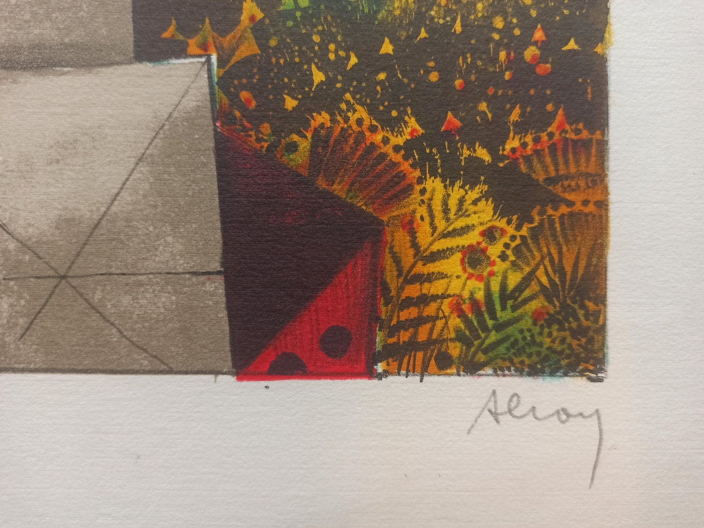 Eduard Alcoy, Hombre con pájaro, litografía original con figura masculina surreal y ave roja sobre fondo azul oscuro edicion limitada firmada