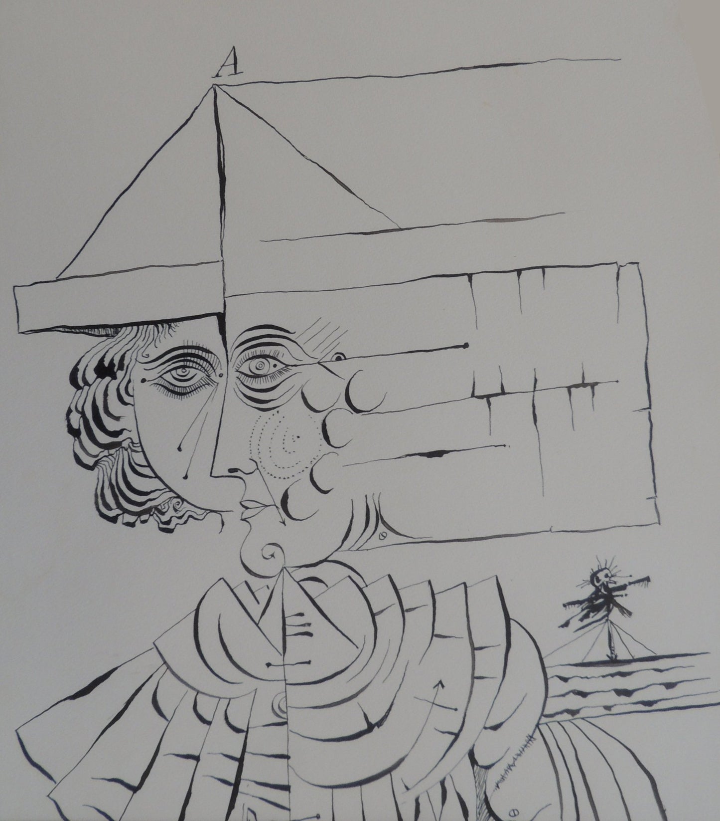 Eduard Alcoy, Pluma nº7, dibujo original en tinta con figura fragmentada, elementos geométricos y composición surrealista en blanco y negro.