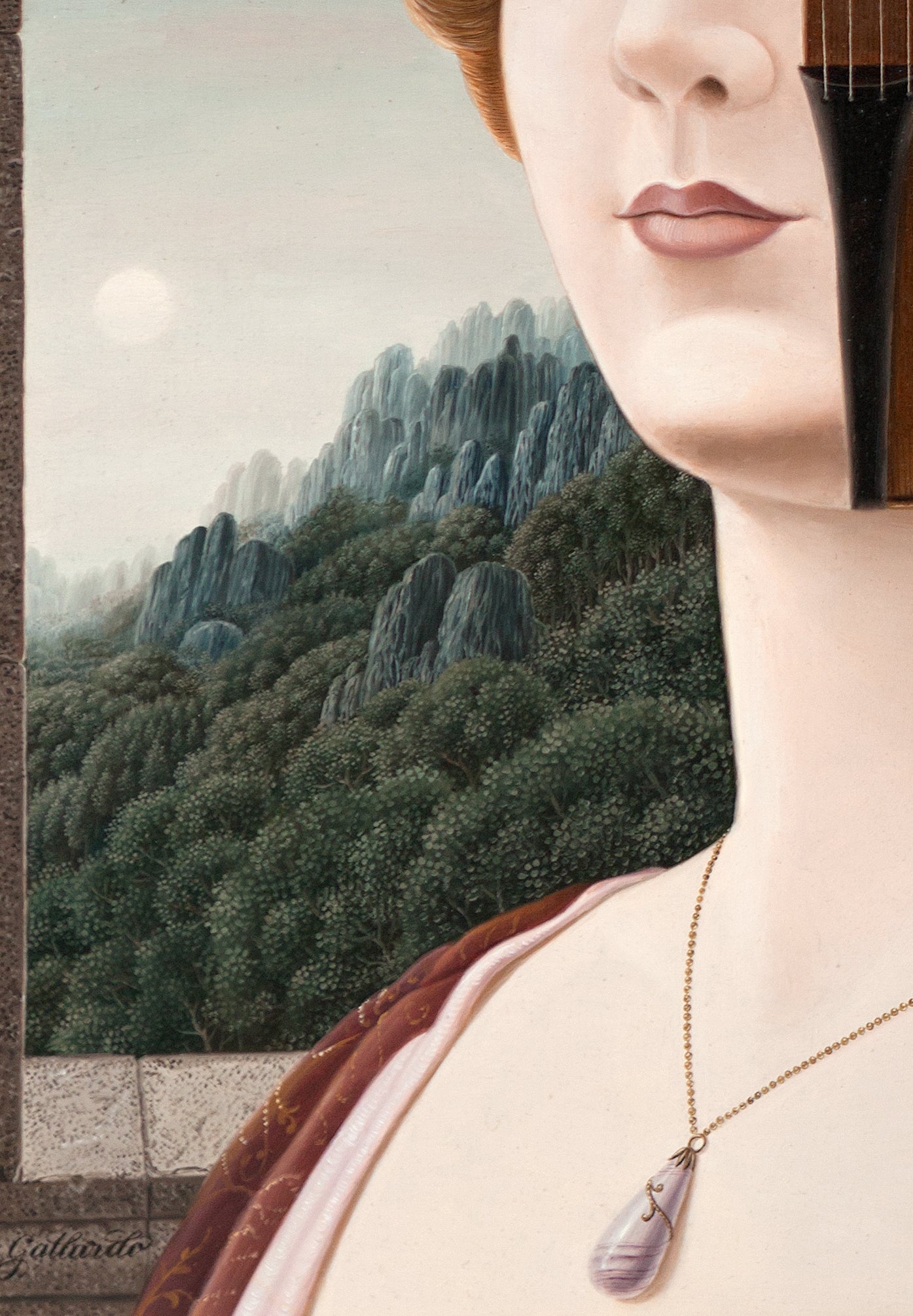 detalle de cuadro El incógnito de Gervasio Gallardo, retrato surrealista de mujer cuello con colgante
