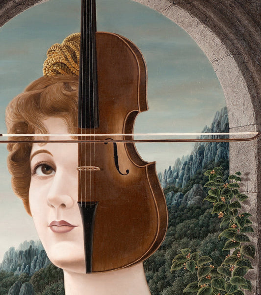 Detalle del cuadro El incógnito de Gervasio Gallardo, retrato surrealista de mujer con rostro dividido por un violín