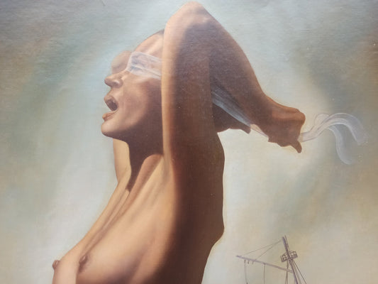 Gregorio Sabillón Baño azul óleo en venta figura femenina surrealista barco simbolismo contemporáneo arte original, detalle rostro boca mujer
