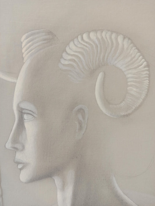 Gregorio Sabillón Desnudo n2 Estudio dibujo grisalla, detalle rostro femenino con cuernos arte contemporáneo en venta