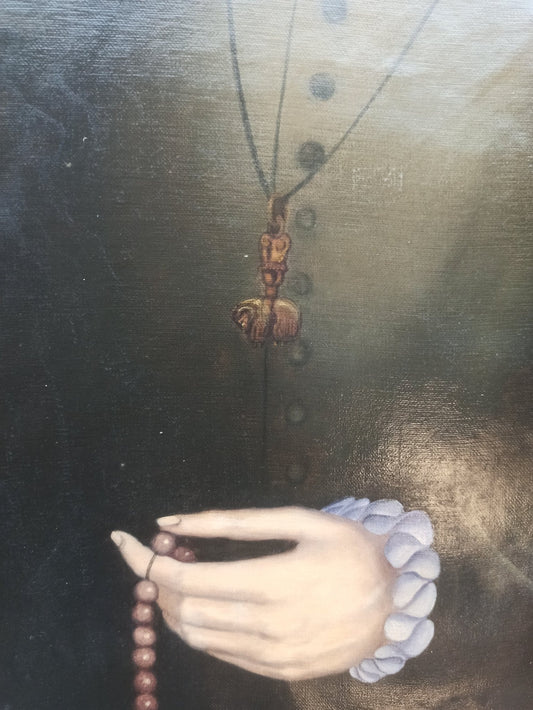 Gregorio Sabillón Felipe II óleo en venta retrato renacentista contemporáneo simbolismo surrealista detalle mano