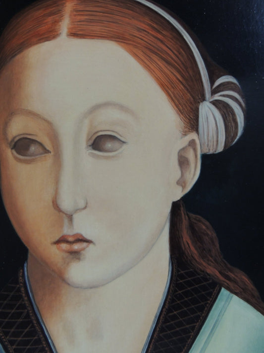 Gregorio Sabillón La montaña óleo retrato femenino, detalle ojos extraños simbolismo inquietante arte contemporáneo en venta
