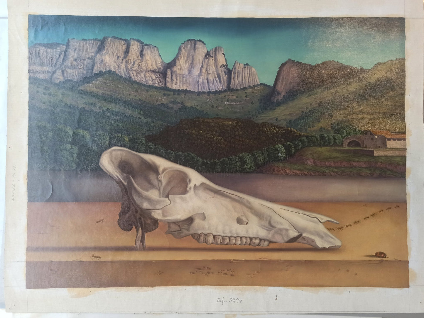 Gregorio Sabillón Paisaje Garrotxa óleo en venta arte surrealista calavera paisaje volcánico montaña obra original contemporánea pintura sin bastidor