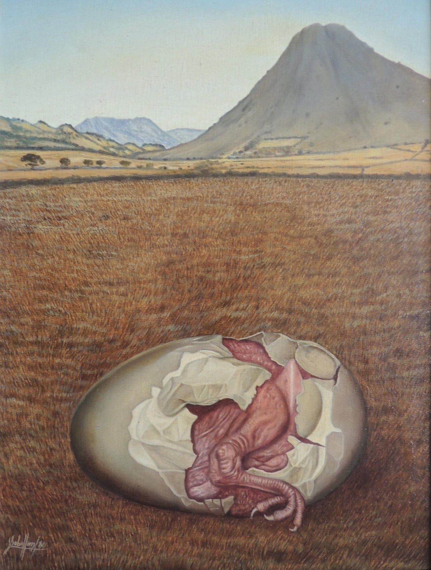 Gregorio Sabillón Principio. Pintura óleo, paisaje con huevo criatura nacimiento simbolismo origen arte contemporáneo en venta