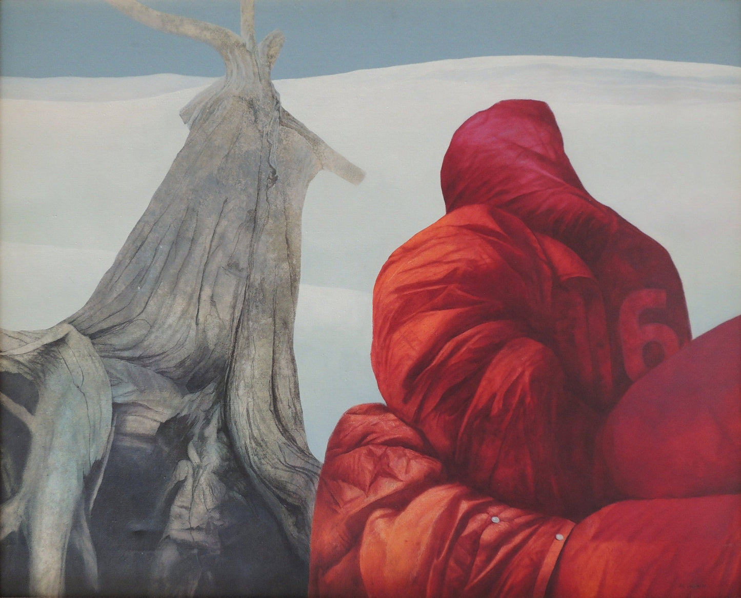 El jardín nevado Iris Lázaro pintura original paisaje contemporáneo camiseta roja y fondo blanco