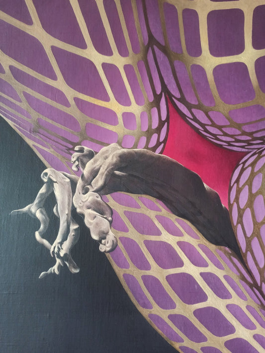 Hallucination de Jan Van Der Loo, pintura surrealista de realismo fantástico con figuras humanas, estructura geométrica monumental, atmósfera onírica y simbolismo sobre la percepción, el deseo y la experiencia visionaria contemporánea detalle
