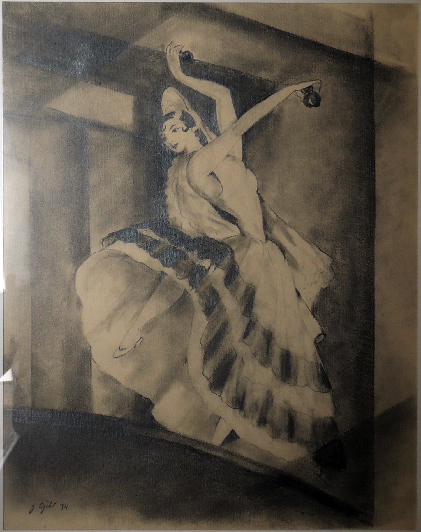 dibujo clásico de Joan Gil Bailarina obra expresionista de bailarina flamenca en movimiento en tonos monocromáticos