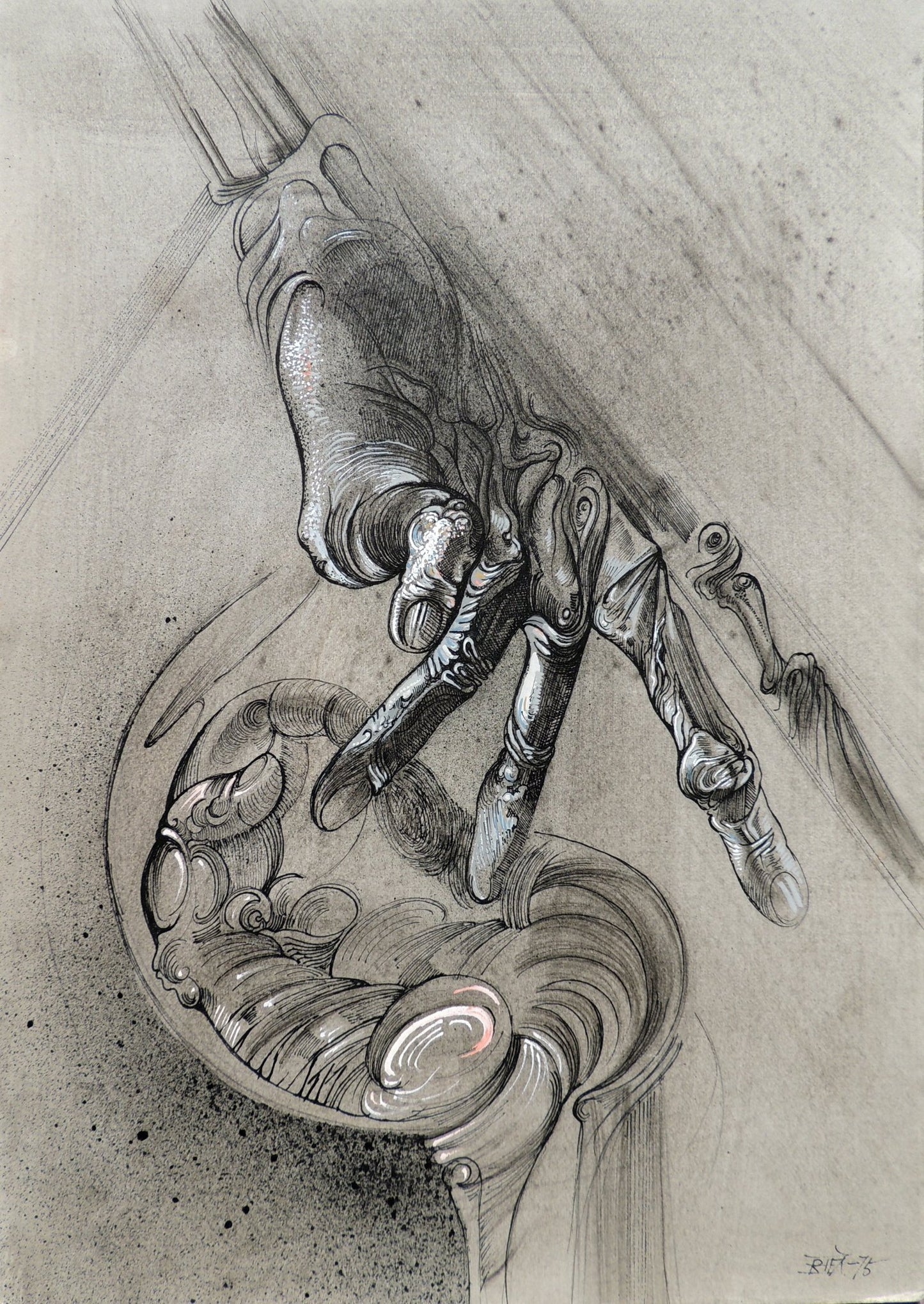 Contactes de Joan Rifà, dibujo surrealista en grafito con mano abstracta y formas orgánicas de gran detalle sobre fondo monocromático.