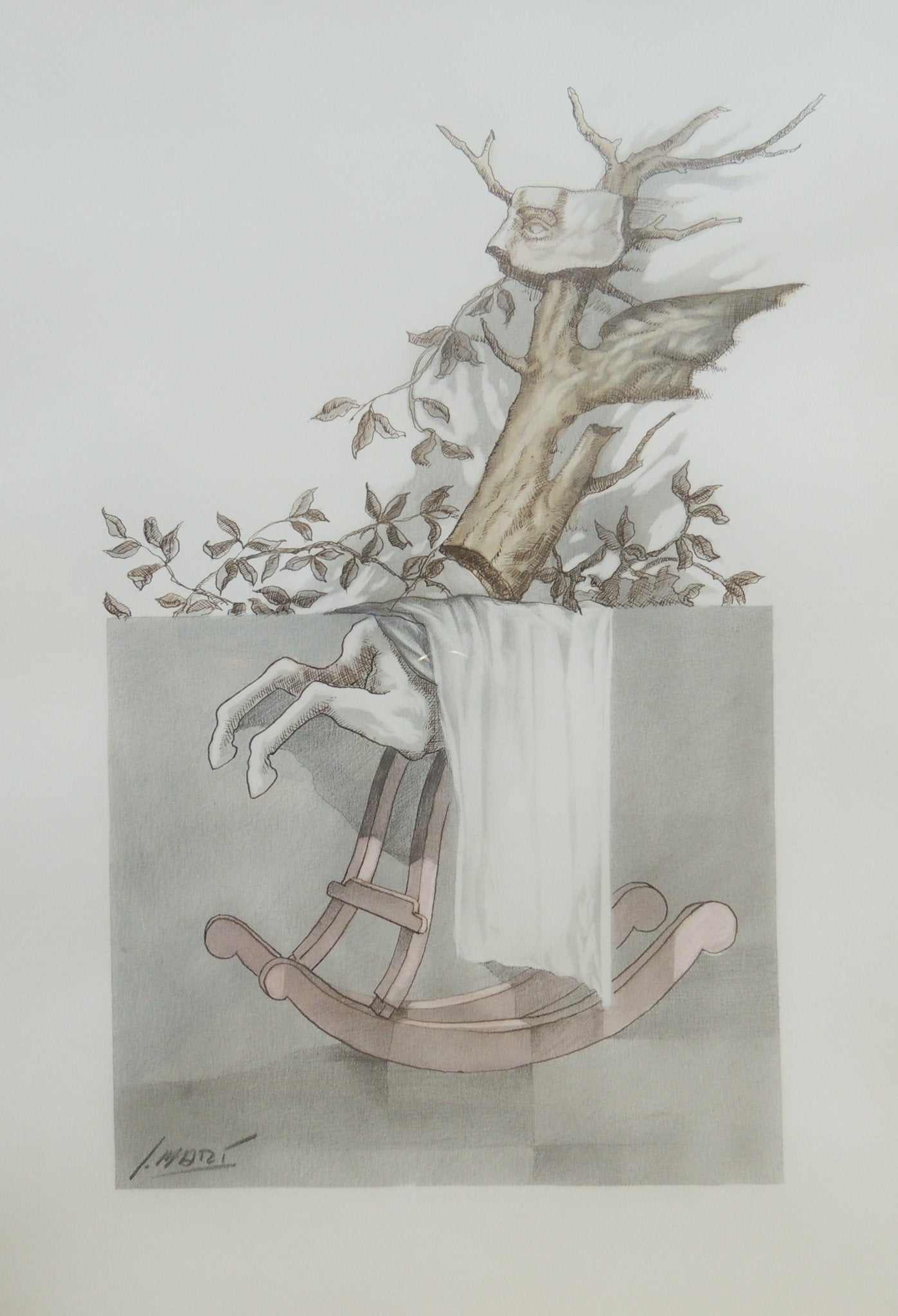 José Marí Llobet, Máscara III, técnica mixta con acuarela y dibujo, caballete infantil, tronco de árbol y máscara en composición simbólica figurativa.