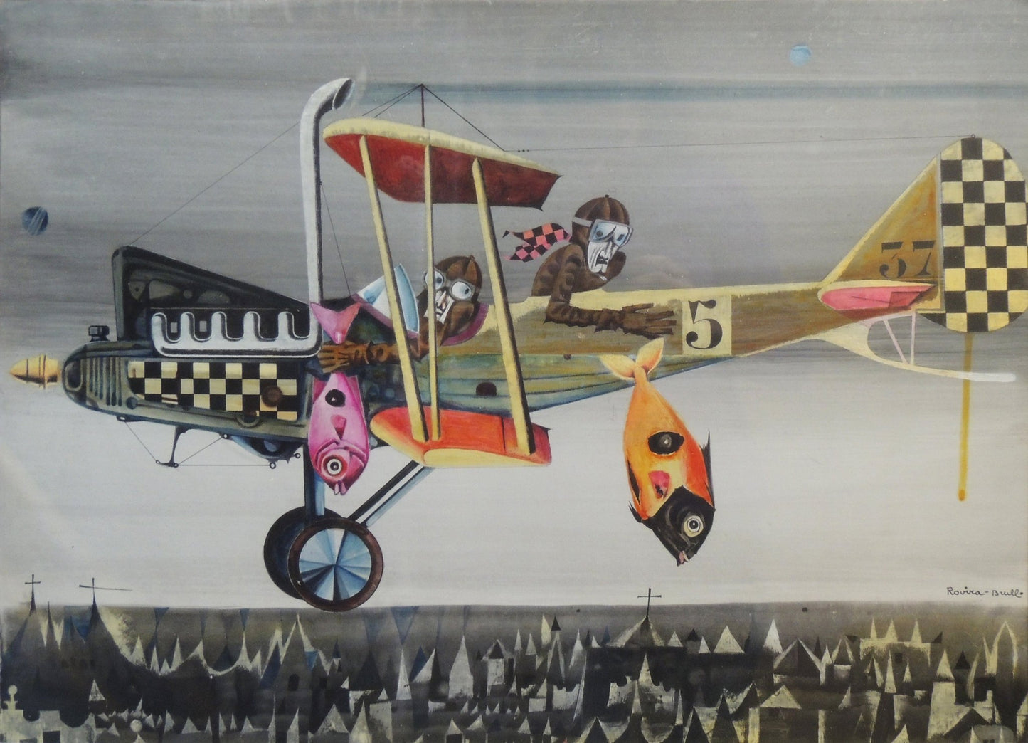 Josep Maria Rovira-Brull, Bombarding, pintura surrealista con avión biplano, pilotos caricaturescos y paisaje urbano abstracto.