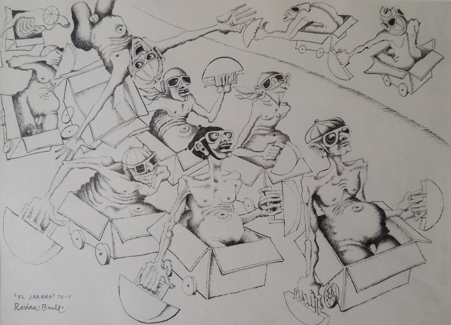 Josep Maria Rovira-Brull El Jarama dibujo surrealista en blanco y negro con figuras expresionistas