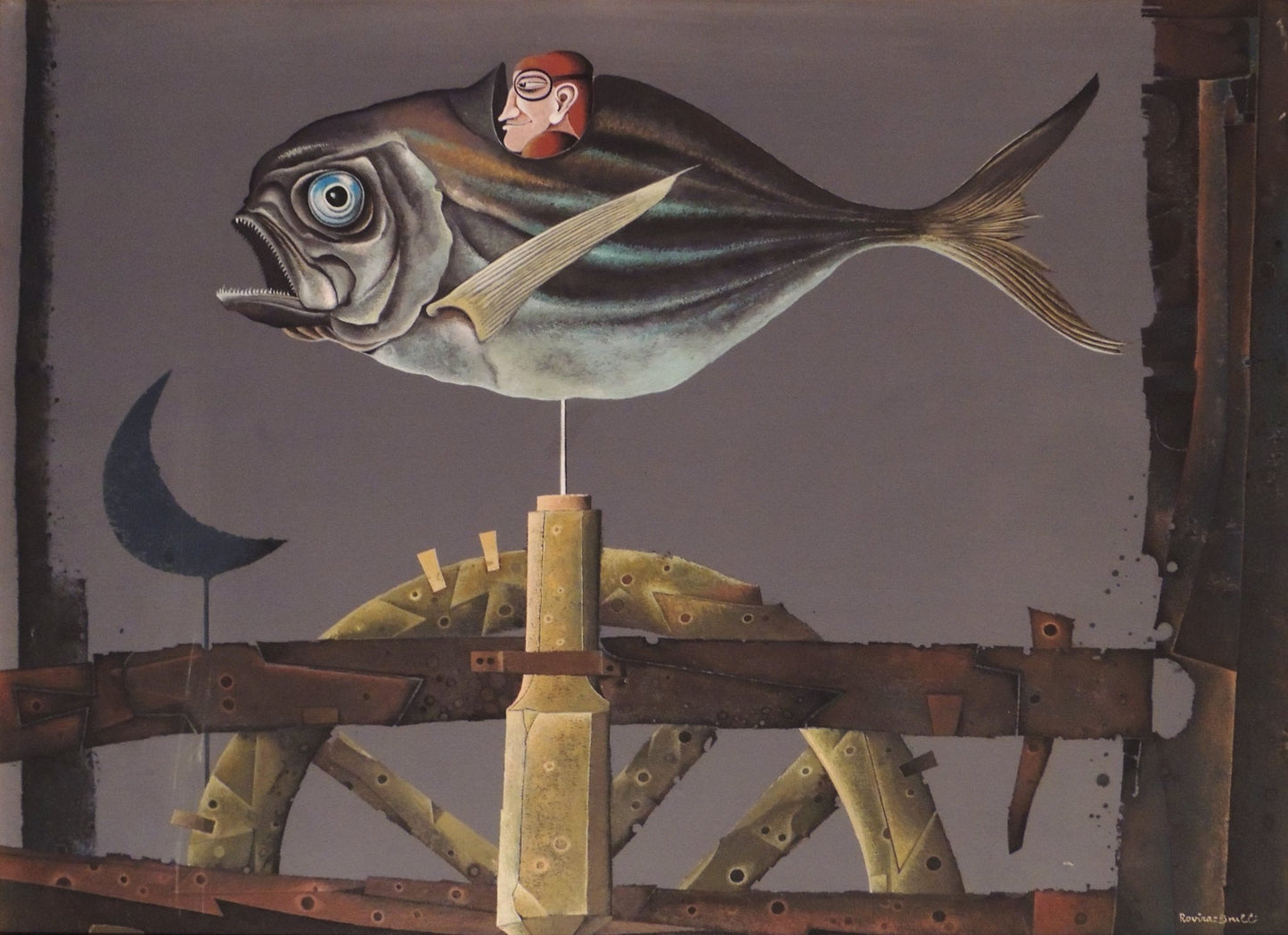 Josep Maria Rovira-Brull, El peix panell, pintura surrealista con gran pez simbólico y figura humana en un paisaje industrial fantástico.