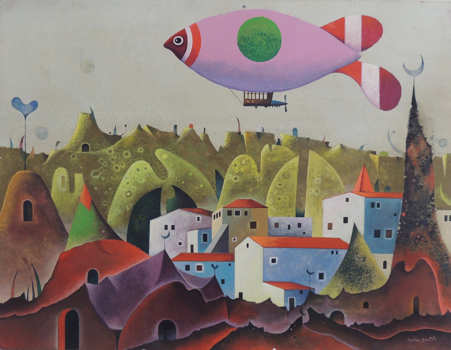 Josep Maria Rovira-Brull El poble pintura surrealista con paisaje imaginario, casas mediterráneas y pez volador rosa
