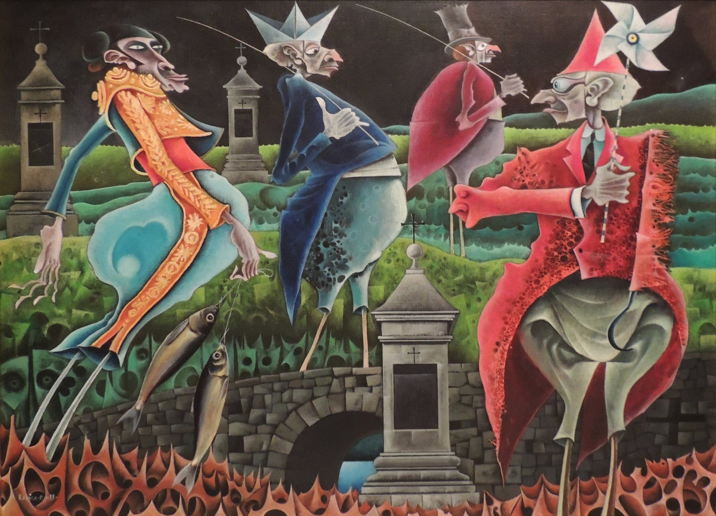 Josep Maria Rovira Brull, La diestra divina entierra la sardina, pintura surrealista con simbolismo carnavalesco, figuras alegóricas y referencias a la tradición popular mediterránea.
