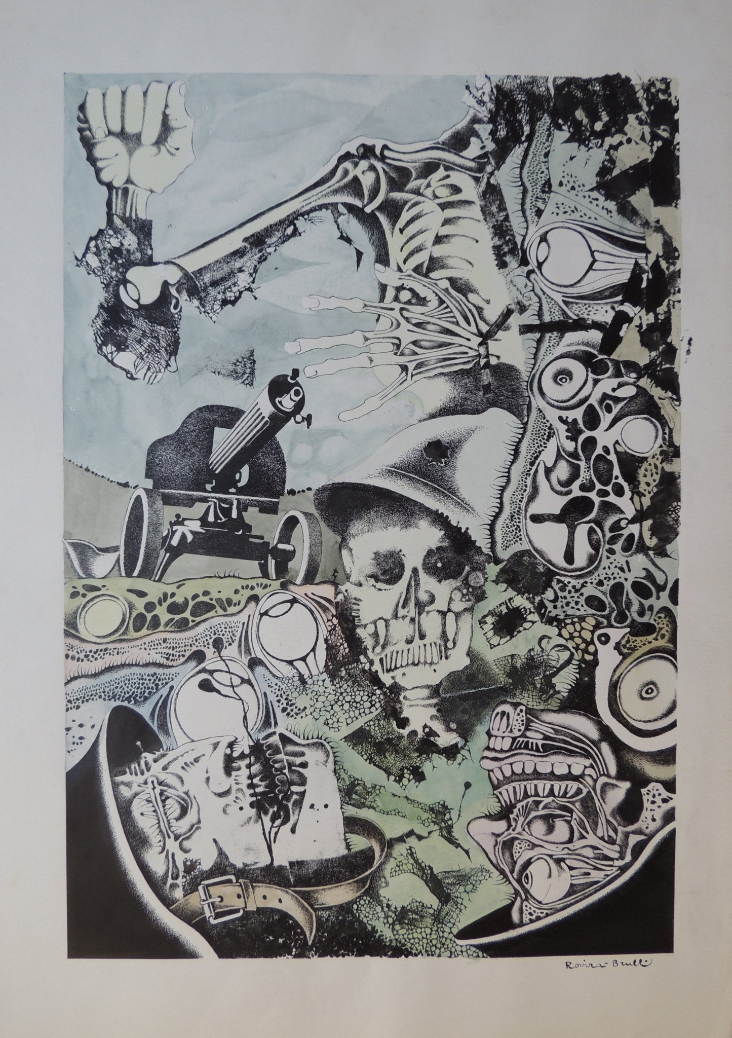 Josep Maria Rovira-Brull, L’ametralladora, tinta china y acuarela sobre papel con composición surrealista de esqueletos y maquinaria bélica.