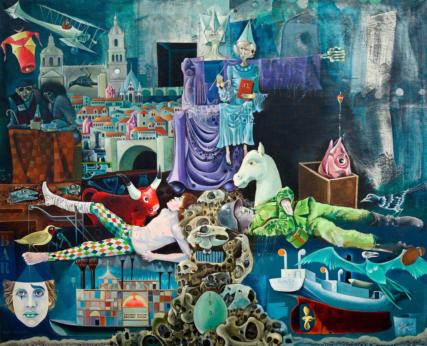 Josep Maria Rovira Brull Salamanca cuadro surrealista con paisaje urbana fantástica, personajes simbólicos, figuras oníricas, esqueletos y fondo rojo intenso, inspiración Guernica Picasso