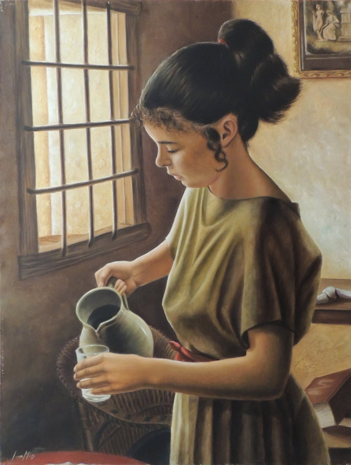 Juan Mir – Sed de libertad, pintura original de joven sirviendo agua junto a una ventana con luz natural y ambiente íntimo.