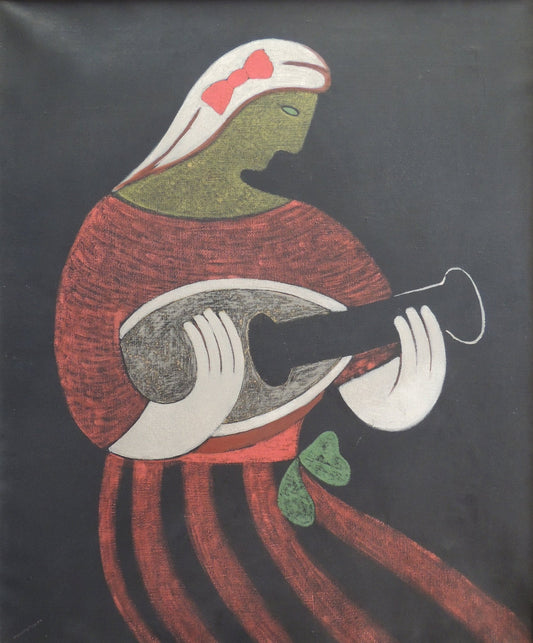 cuadro original de Juan Navarro Ramón - Figura con mandolina arte contemporáneo mujer vestido en rojo con instrumento musical fondo negro