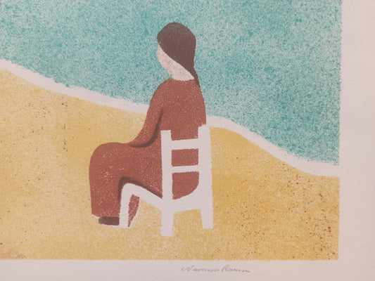 Juan Navarro Ramón - La espera, litografía original con escena mediterránea y figuras frente al mar, firma