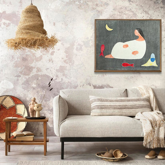 Juan Navarro Ramón, Pescadera, figura femenina con peces y luna creciente, sobre fondo gris, pintura española poética del siglo XX. decoracion con obra de arte