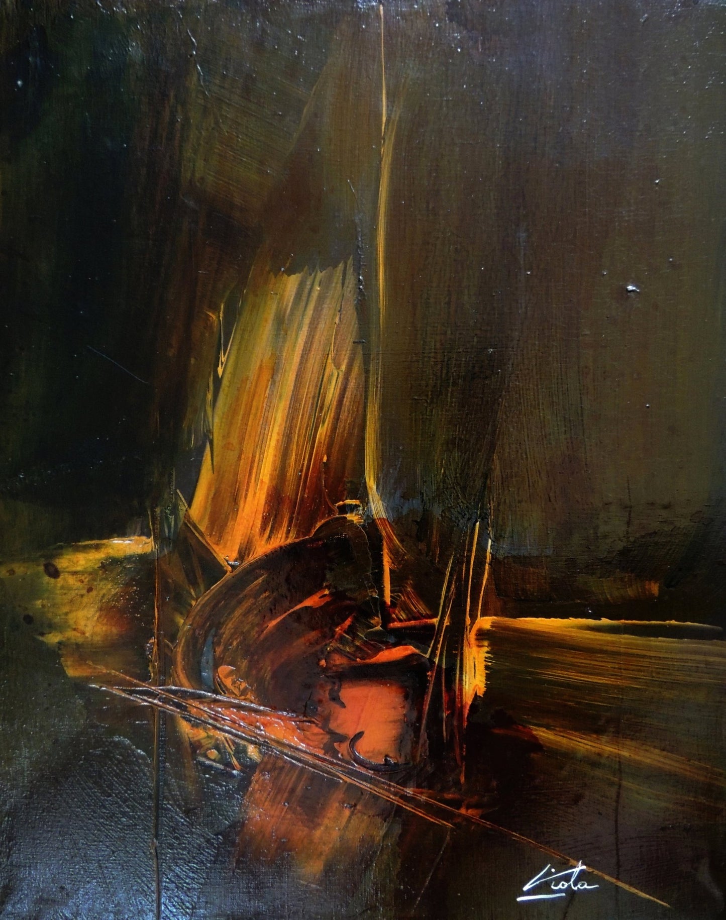 Manuel Viola óleo abstracto informalista con tonos ocres y negros, textura matérico-gestual