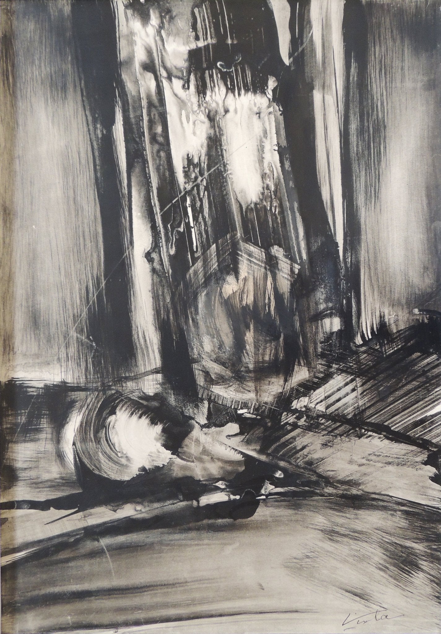 Manuel Viola Catedral, óleo abstracto informalista en blanco y negro con textura matérico-gestual, firmado