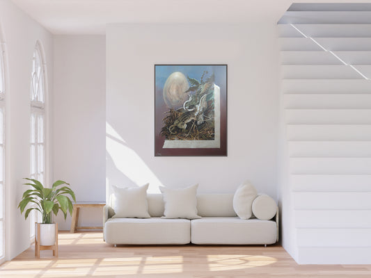 Decoración salón Cuadro surrealista José Marí Llobet Ocelot atacando a un flamenco Gaudifond